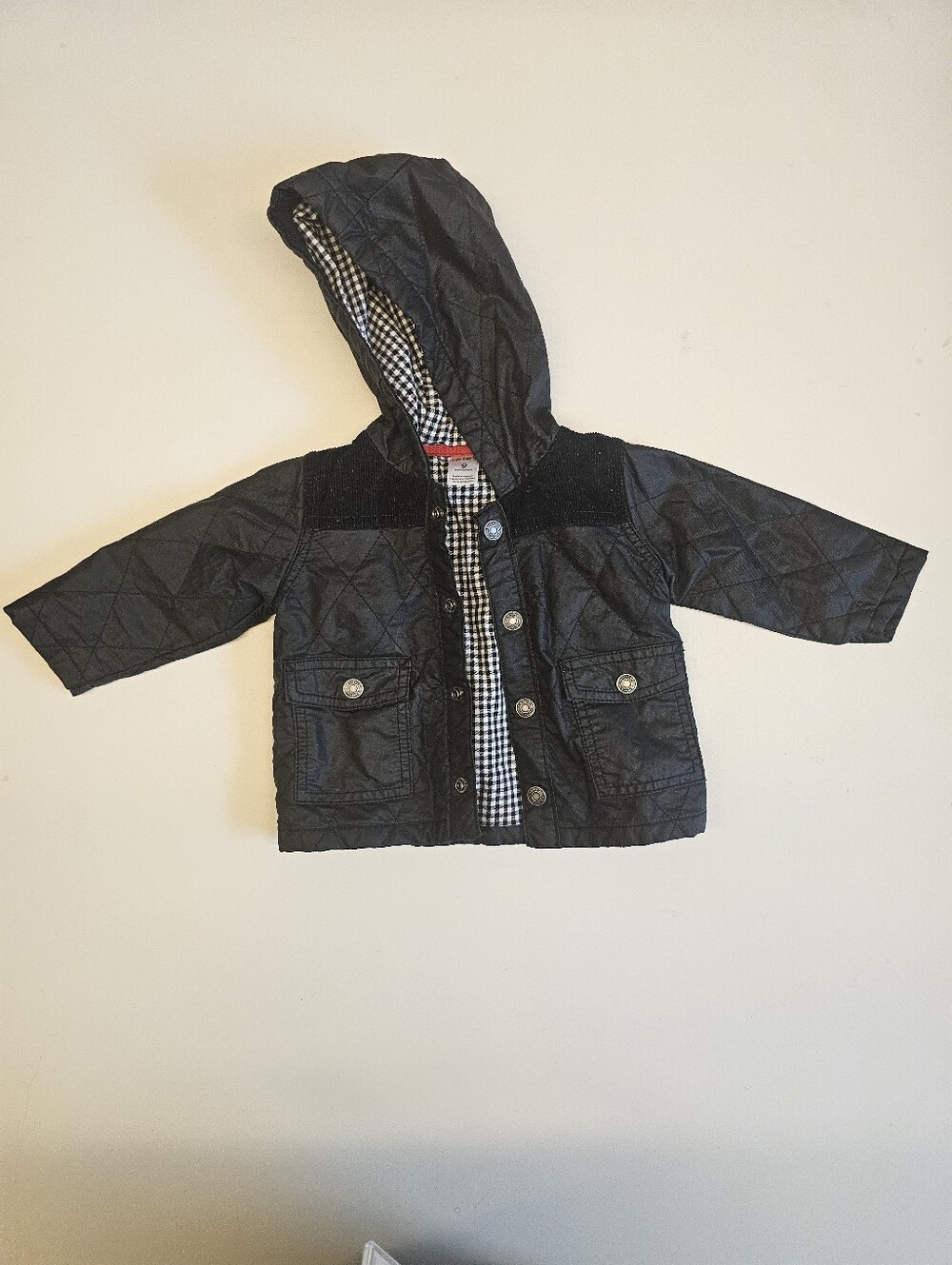 NWOT | 9 mos. | Carter’s | Black Quilted Hooded Jacket Gingham Lined